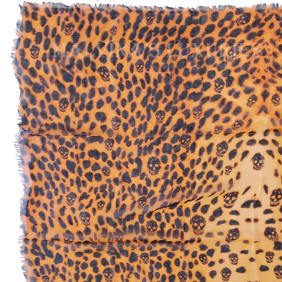 ALEXANDER MCQUEEN SCARF ORANGE CASHMERE SILK SKULL ANIMAL PRINT 50" SQUARE - Picture 11 of 14